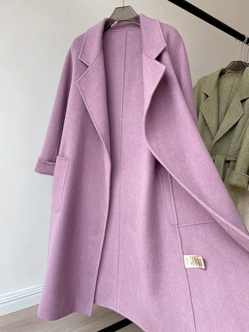 Purple Double-Sided Cashmere Coat For Women In Autumn And Winter, Fashionable And High-End, Loose And Medium Length Coat