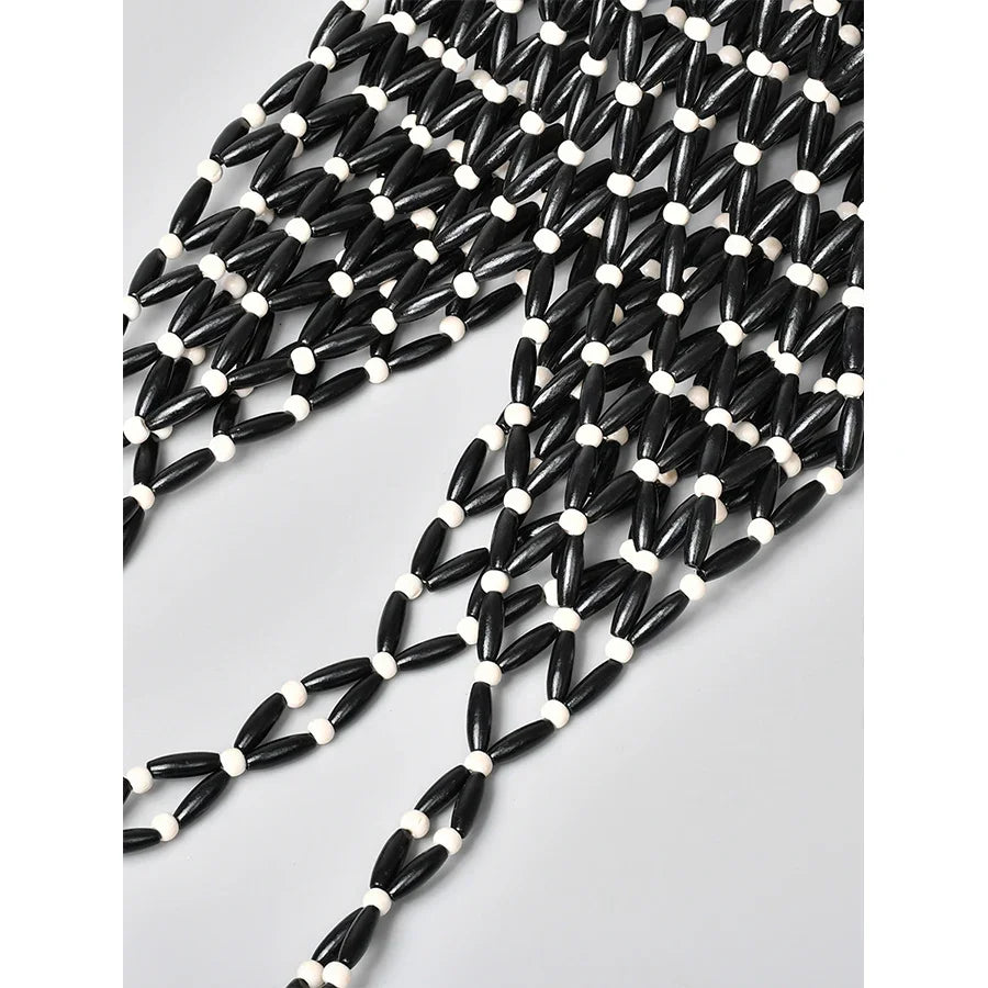 Women Woven Hand Bag Summer Design Hollow-out Wooden Bead Tote Bucket Shoulder Bag Female Reticulate Netted Canvas Beach Handbag