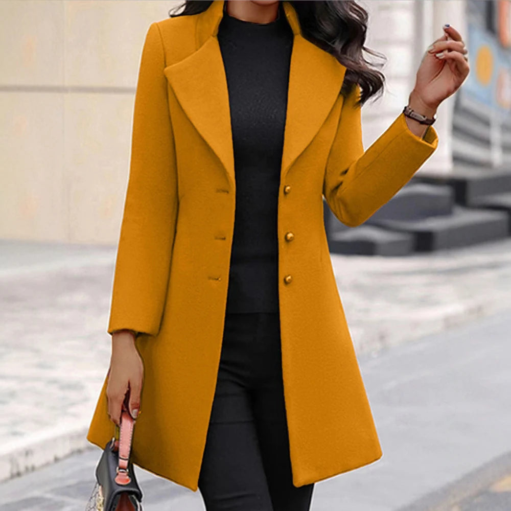Women's Winter Coats 2025 All-Black Mid-Length Design with Chic Wide Lapel and Long Sleeve for Effortless Street Elegance