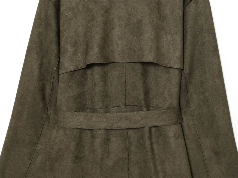 Women's Trench Coat 2025 Autumn New Style Military Green Long Sleeve Suede Effect with Belted Decoration Long Coat Stylish