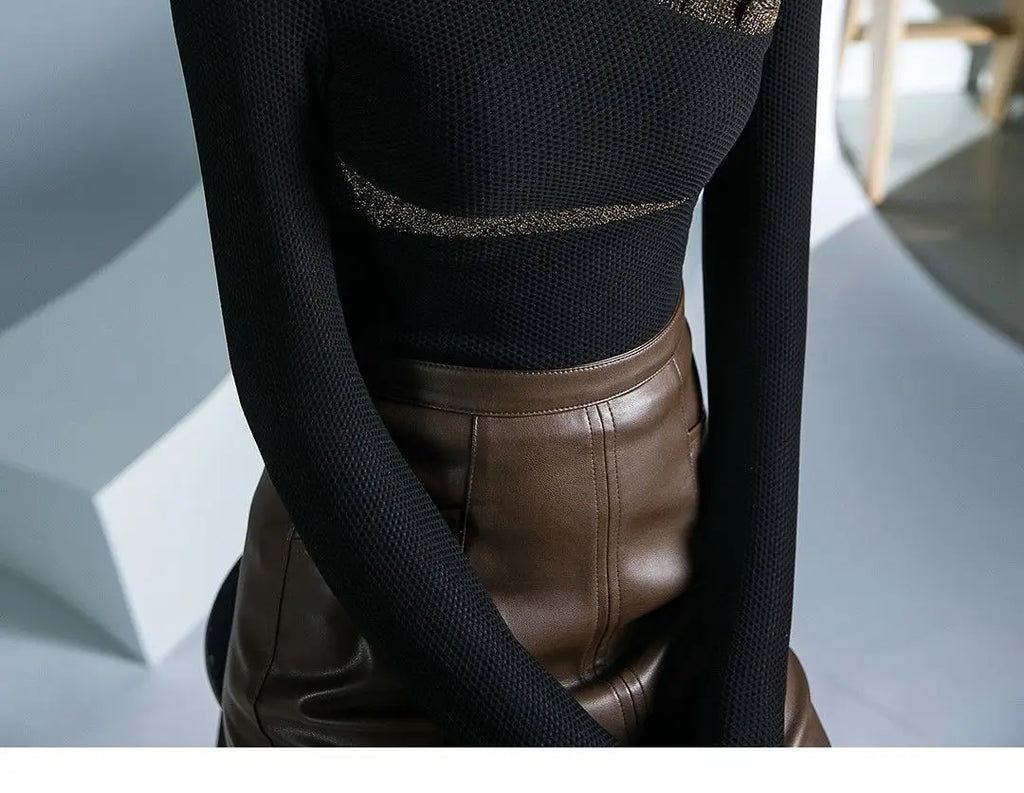 Women's Clothing Sexy See Through Mesh Patchwork Black Basic T-Shirts High Collar Elegant Chic Bright Silk Long Sleeve Slim Tops