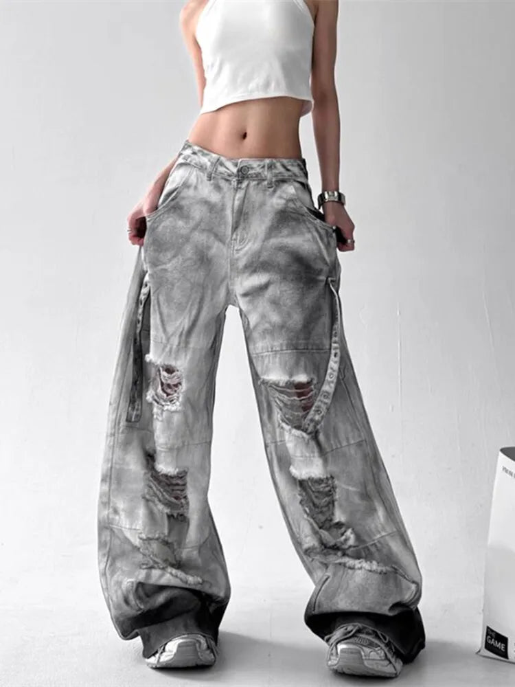 Women Jeans Pants American High Street Ripped Straight Wide-Leg Jeans For Women Design Tie-Dye Jazz Dance Cargo Full Thin Jeans