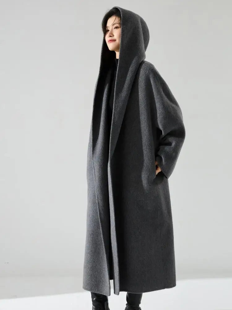 Office Lady Cashmere Woolen Jackets 2024 Autumn And Winter High-Grade Hooded Bathrobe Style Loose Lace-Up Long Women Wool Coats