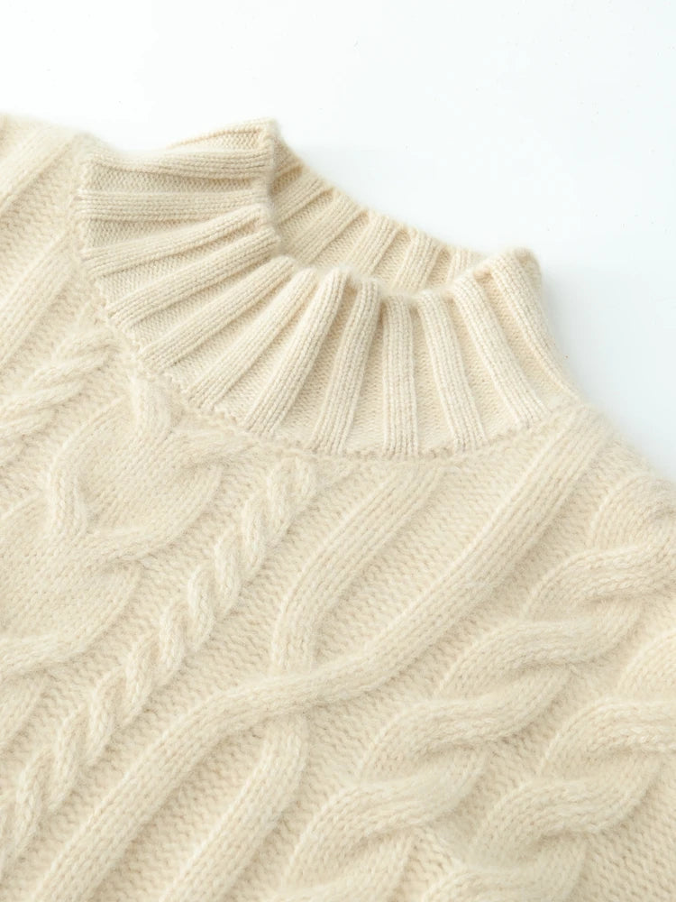 Women 100% Cashmere Sweater Mock Neck Pullover Cable Knitting Vintage Loose Style Thickened Cashmere Knitwear Autumn Winter Tops