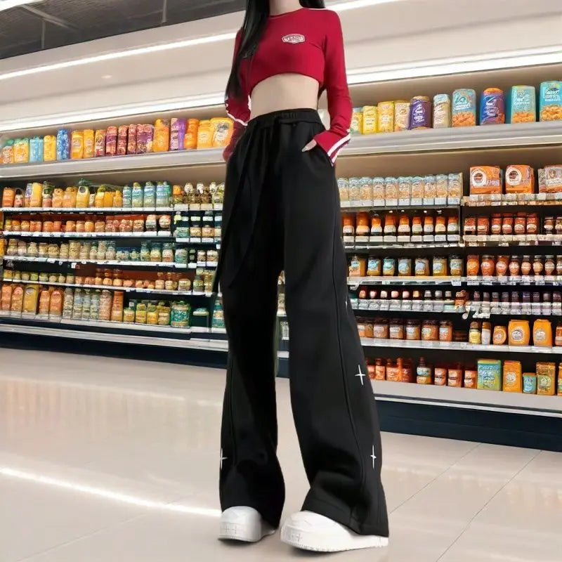 Wide-leg Trousers for Women Spring Summer Loose Thin Style Trendy for Students Petite Casual Sportswear, Straight-leg Pants