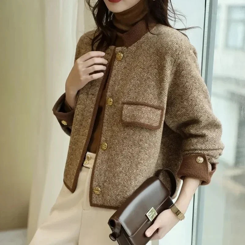 Knitting Wool Blend Coat for Women New In Round Neck Mixtures Jacket Woman Fashion 2025 High Quality Medium Elegant Hot Autumn