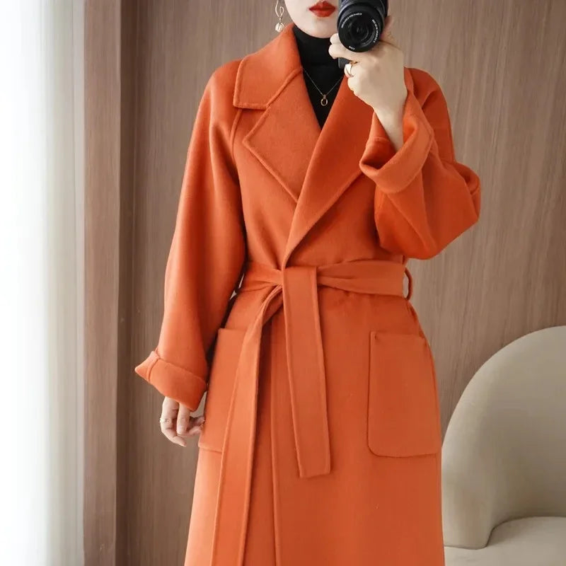 100% Wool Coat Women's Wear 2025 Autumn/Winter Fashion Temperament Double sided Cashmere Coats with Belt Elegant Long Overcoat