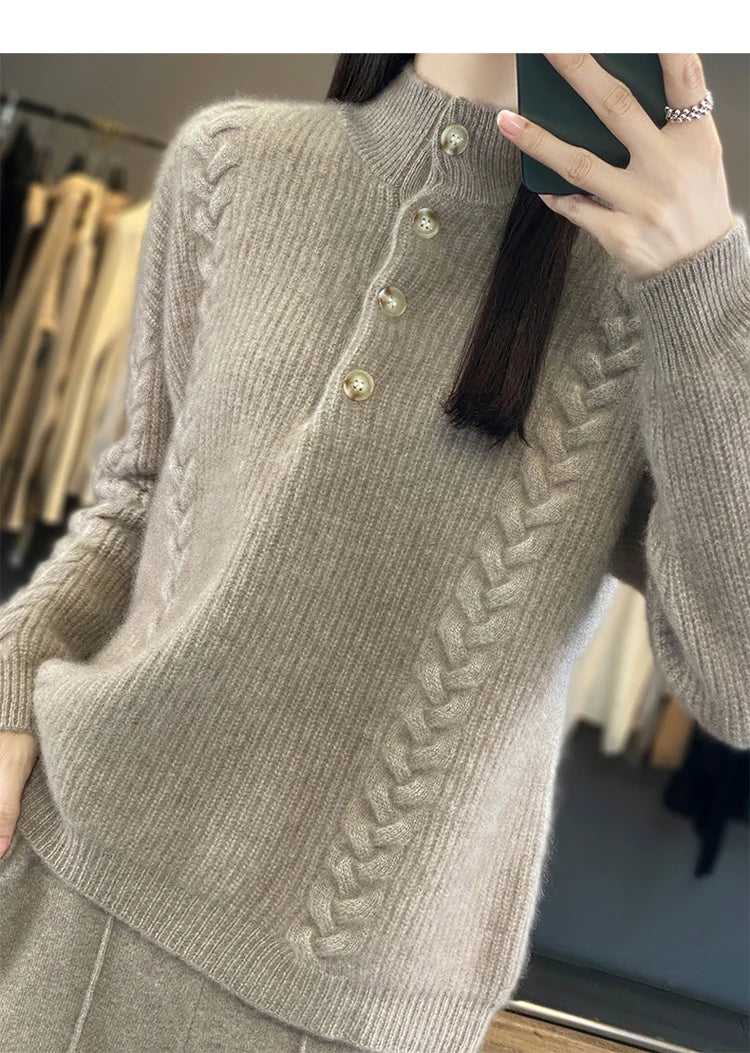 Cashmere Sweater Women's 2023 Autumn/Winter New Knitted Half High Collar Pullover 100% Wool Loose Korean Fashion Luxury Top