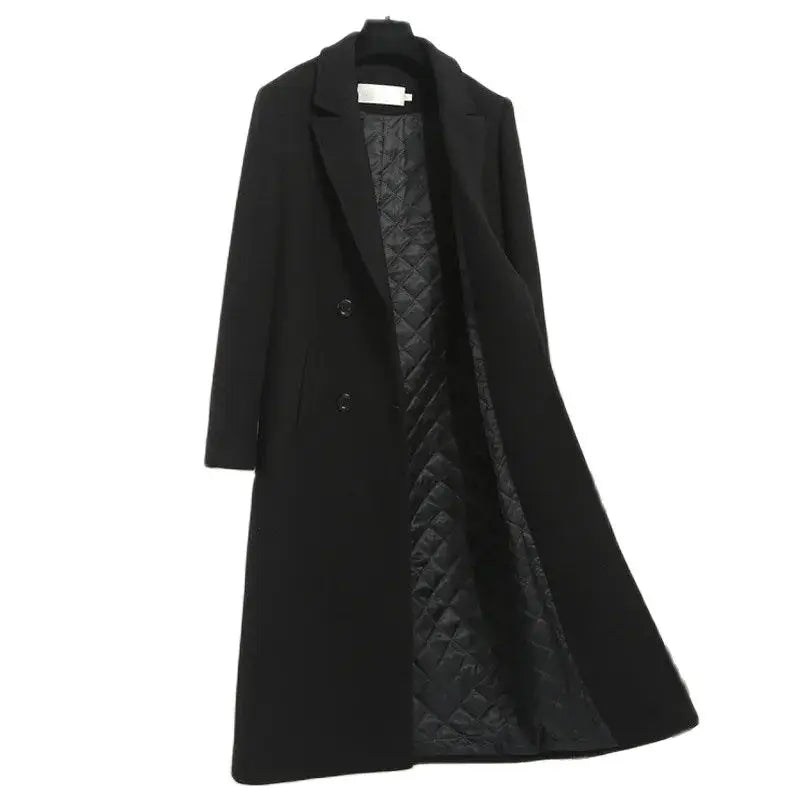 Women's Classic Black Woolen Coat Female Mid-Length Jacket New Korean Version Thicken Woolen Blend Overcoat Autumn Winter