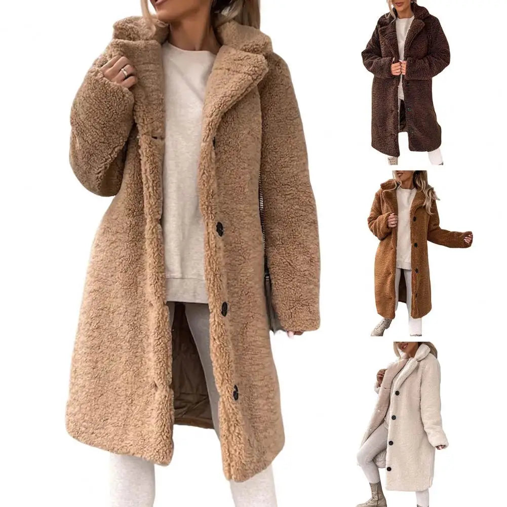 Trendy Women Overcoat Autumn Winter Women Trench Coat Long Style Pure Color Single-breasted Teddy Jacket  Windproof