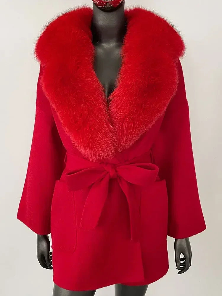 2025 Winter Fashion Women Double-sided Wool Cashmere Coat with Detachable Natural Fox Fur Collar Luxurious Genuine Fur Coat