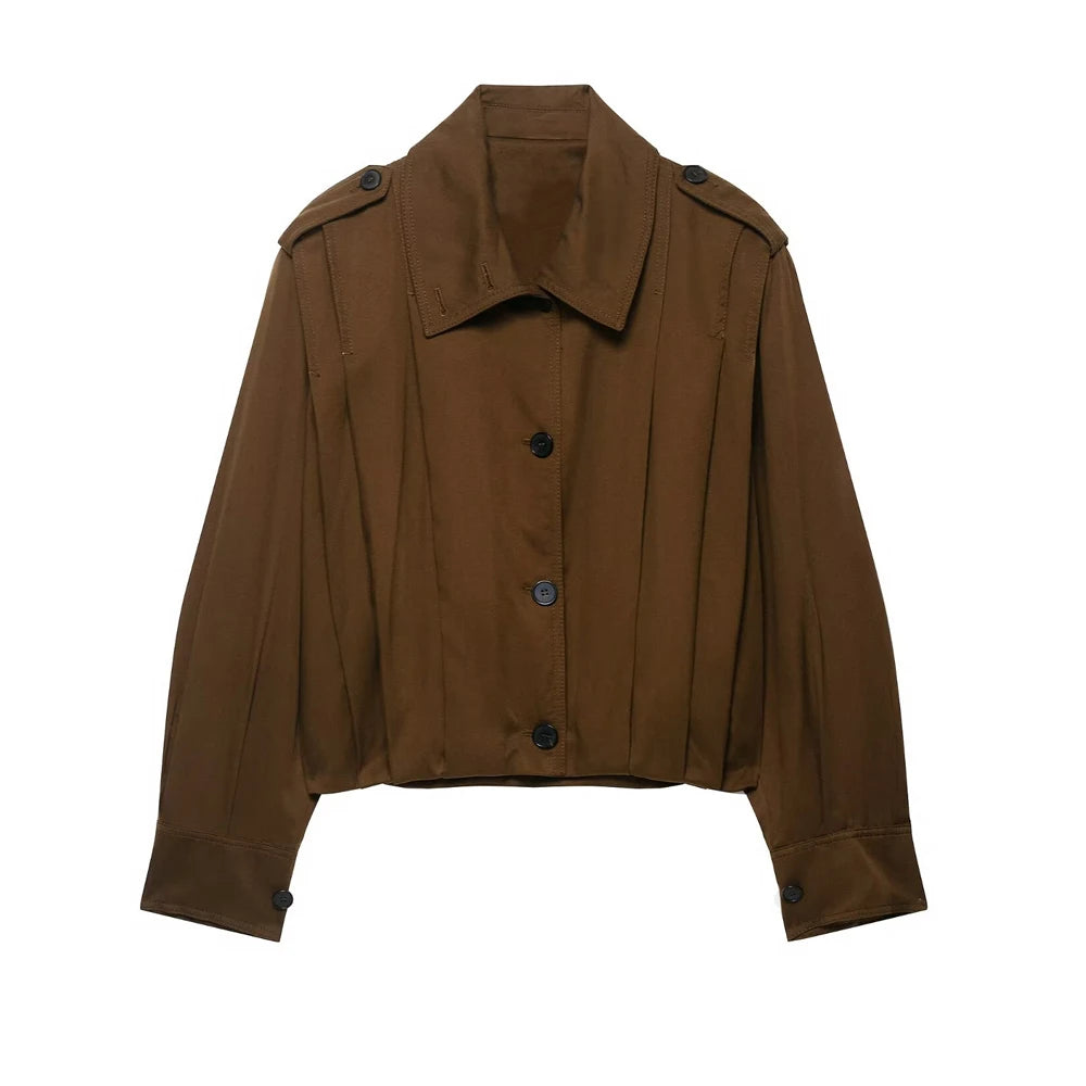 Women's Fashion Pleated Jacket Coat with Pads Lapel Collar Long Sleeve Front Button Chic Outerwear Top