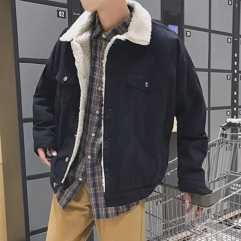 Winter Lamb Wool Denim Jacket for Men Korean Version Trendy Versatile Velvet and Thickened Cotton Men's Jacket Handsome Coat