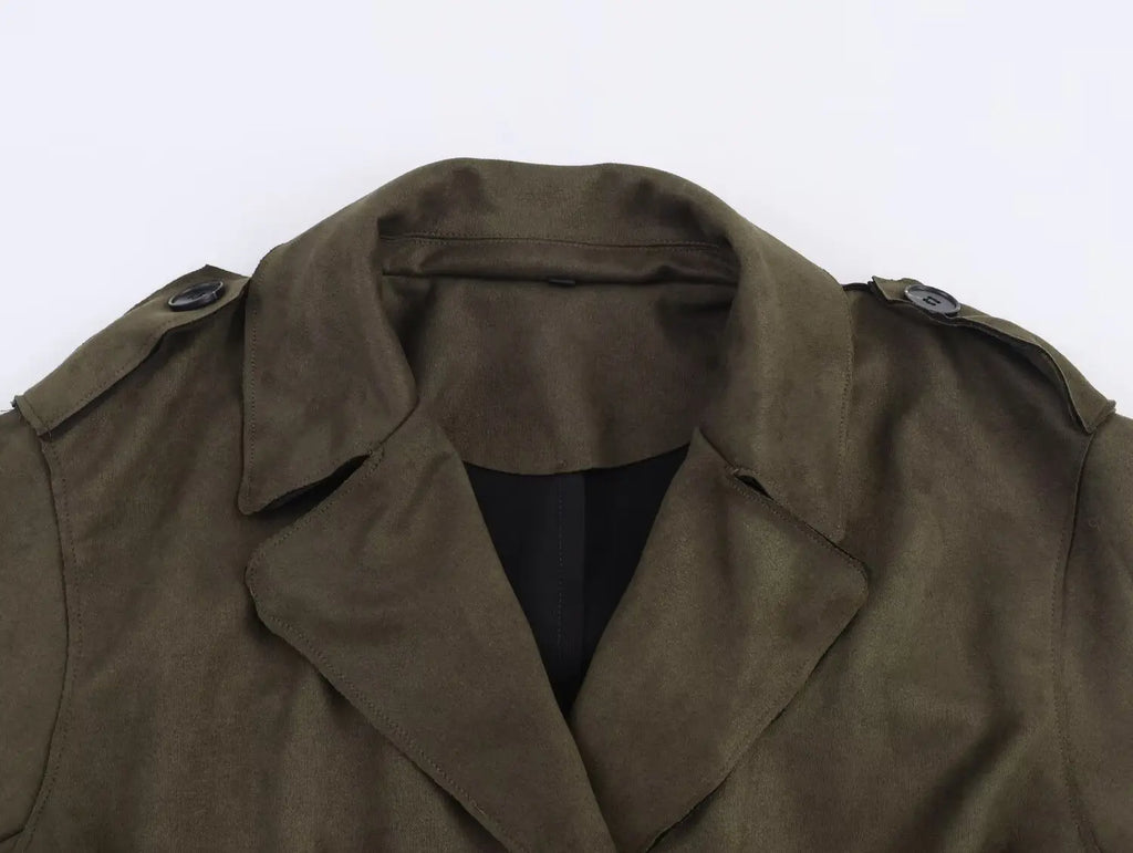 European style new women's fashionable and versatile solid color long trench coat with belt and suede effect.