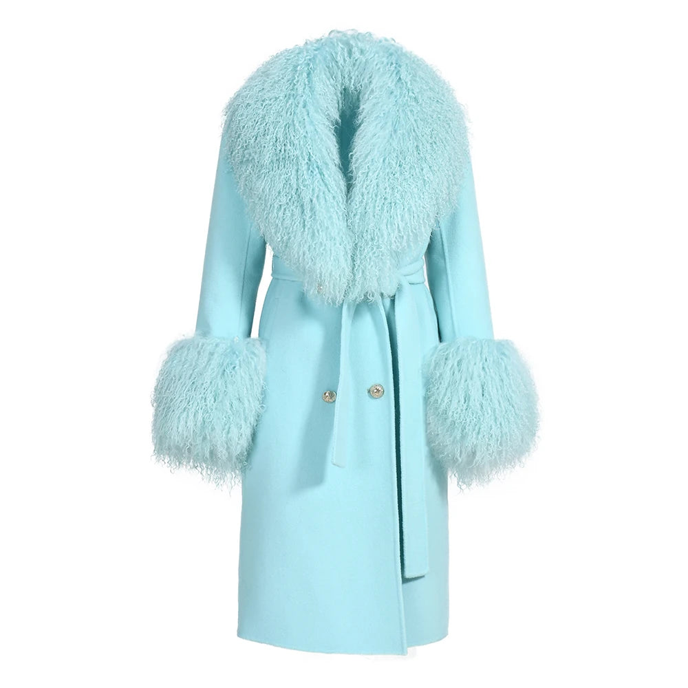 Women Cashmere Wool Coat With Real Mongolian Sheep Fur Collar  Ladies Autumn Winter Fashion Long Outwear Full Sleeve Fur Jacket