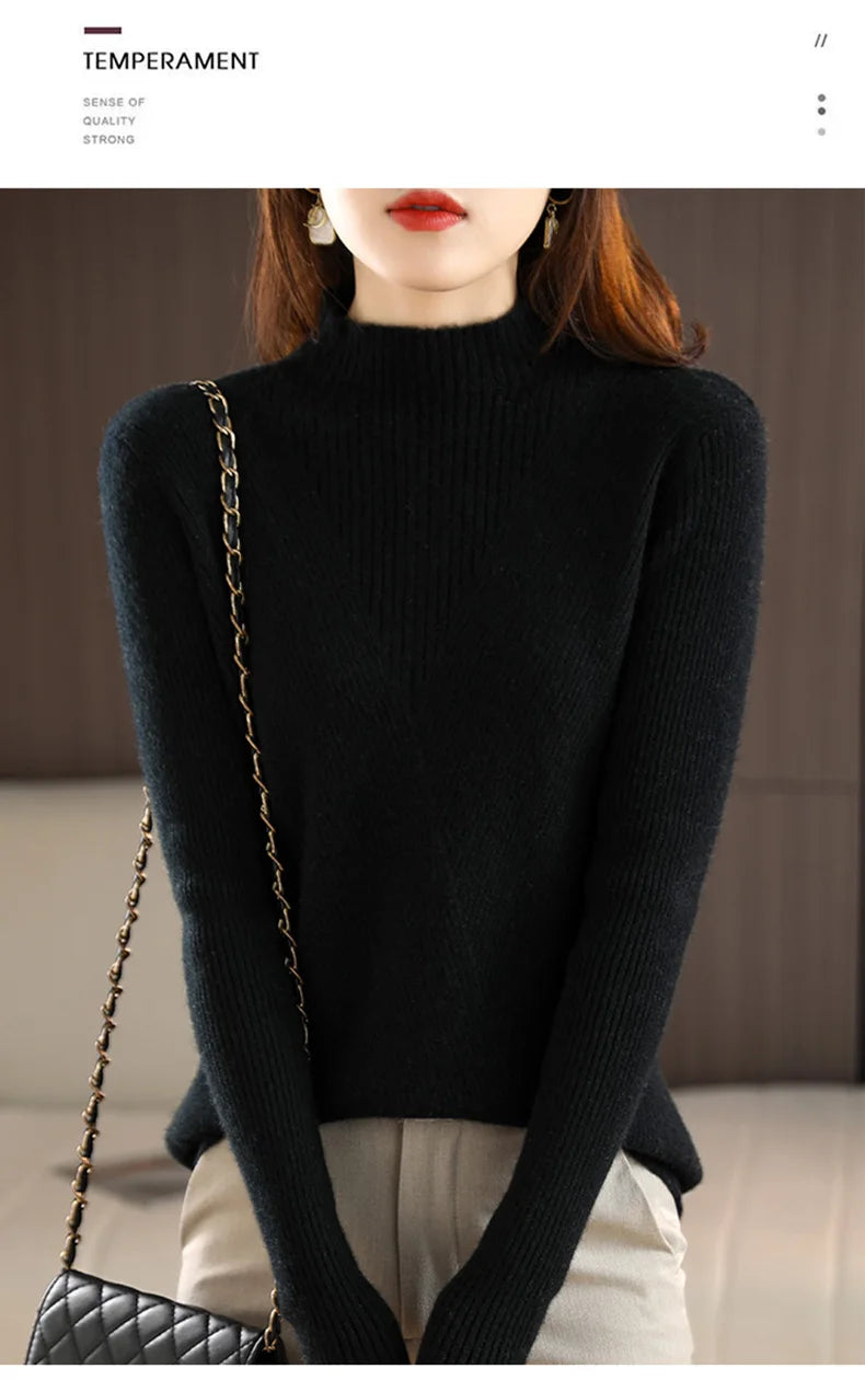 Cashmere Sweater Women Pure Color Half high collar Casual Long-sleeved Loose Pullover Cashmere Sweater Women's