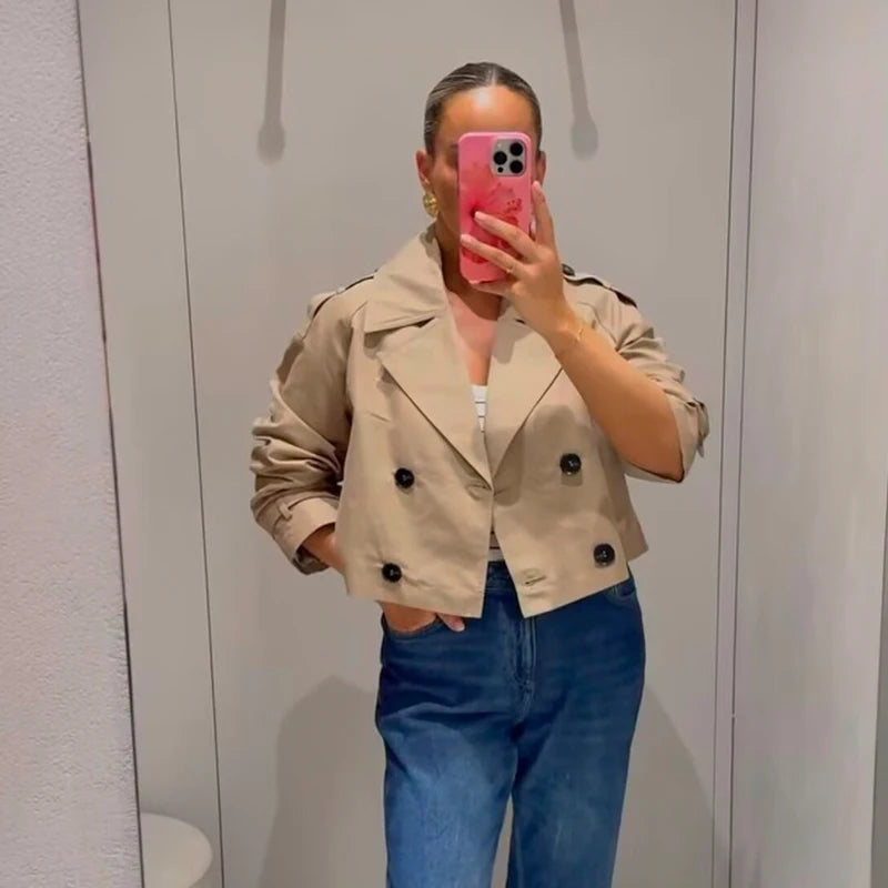 Women's Fashion Double Breasted Short Trench Coat Turn-down Collar Long Sleeve Coats Vintage Female Outerwear Chic Tops