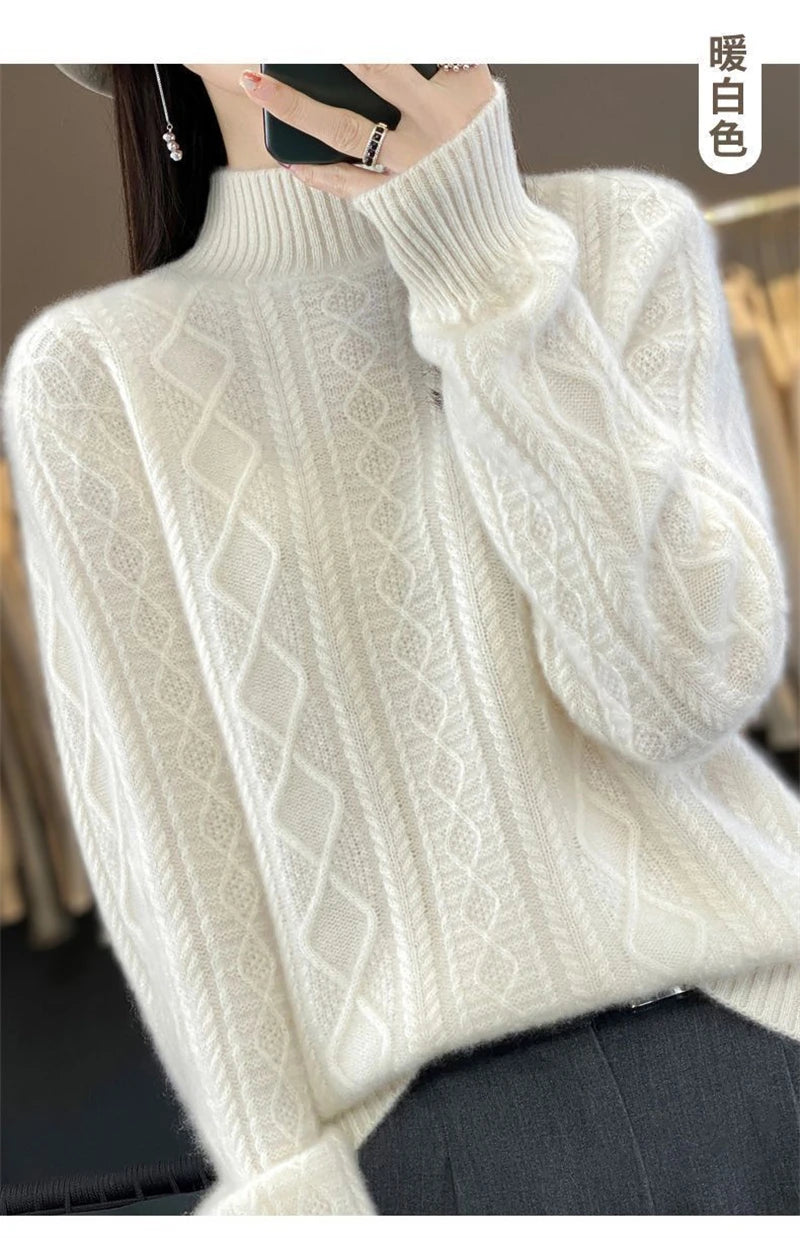 2024 New Women Autumn Winter Sweater Thick 100% Merino Wool Turtleneck Casual Cashmere Knitwaer Pullover Korean Fashion Tops