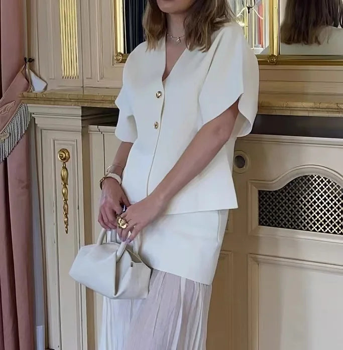 2024 New Autum Women's European and American Style Fashionable Flat-Needle Short-Sleeved V-Neck Knitted Jacket Street Style Top