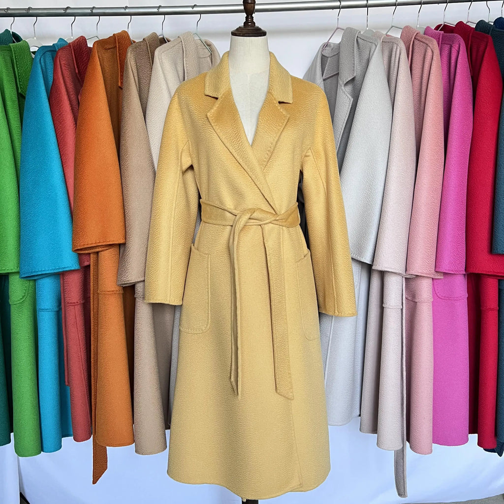 Cashmere Coat Female Winter Mid-Length Corrugated Coat Black Wool Coat Woman Autumn New Casual Fashion Red Beige Lace-Up Coat