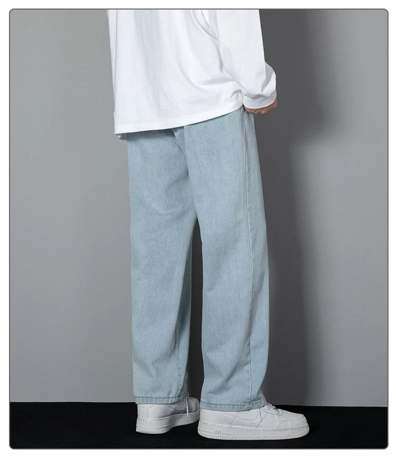2025 New Korean Men's Casual Long Jeans Classic Man Straight Denim Wide-leg Pants Solid Color Light Blue Grey Black