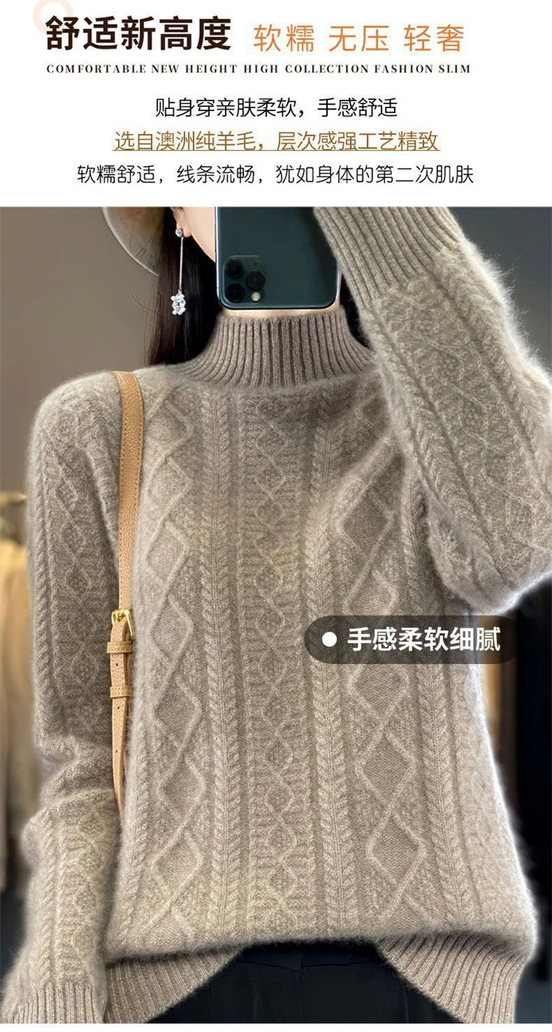 2024 New Women Autumn Winter Sweater Thick 100% Merino Wool Turtleneck Casual Cashmere Knitwaer Pullover Korean Fashion Tops
