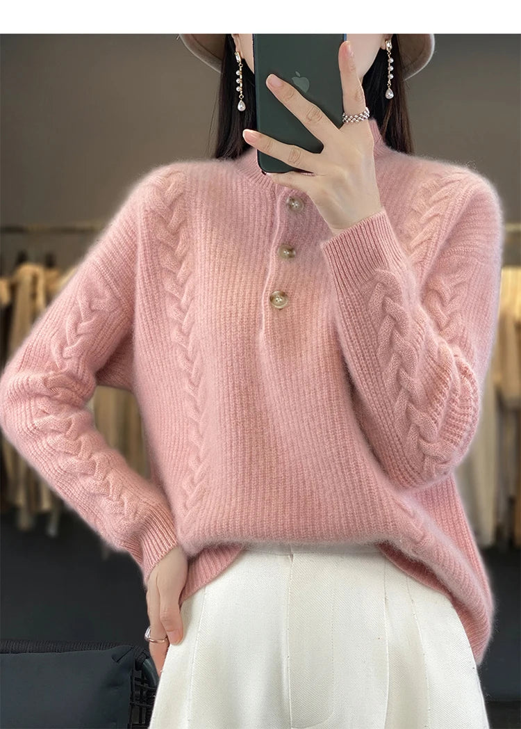 Cashmere Sweater Women's 2023 Autumn/Winter New Knitted Half High Collar Pullover 100% Wool Loose Korean Fashion Luxury Top