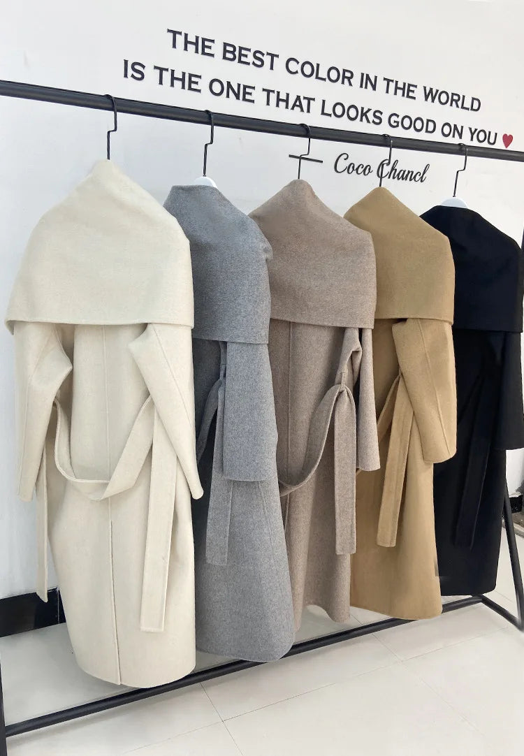 New Hand-sewn Cashmere Wool Coat Women New Mid-length Big Scarf Collar Loose Lace-up Warm Double-sided Wool Coat Fashion Winter