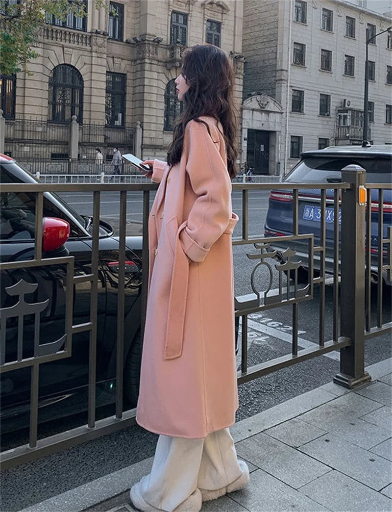 100% Wool Coat Women's Wear 2024 Autumn/Winter Fashion Temperament Double sided Cashmere Coats with Belt Elegant Long Overcoat