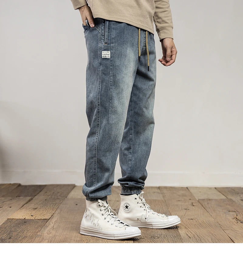 Classic Washed Blue Denim Jeans for Men American Minimalist Loose Tapered Pants Versatile for Outdoor Wear Elastic Waistband