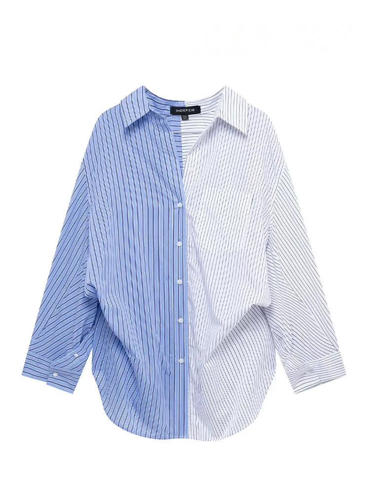 HH Women Elegant Commuter Shirt Splicing Loose Striped Single-breasted Lapel Blouse Female Spring Casual Long-sleeved Top