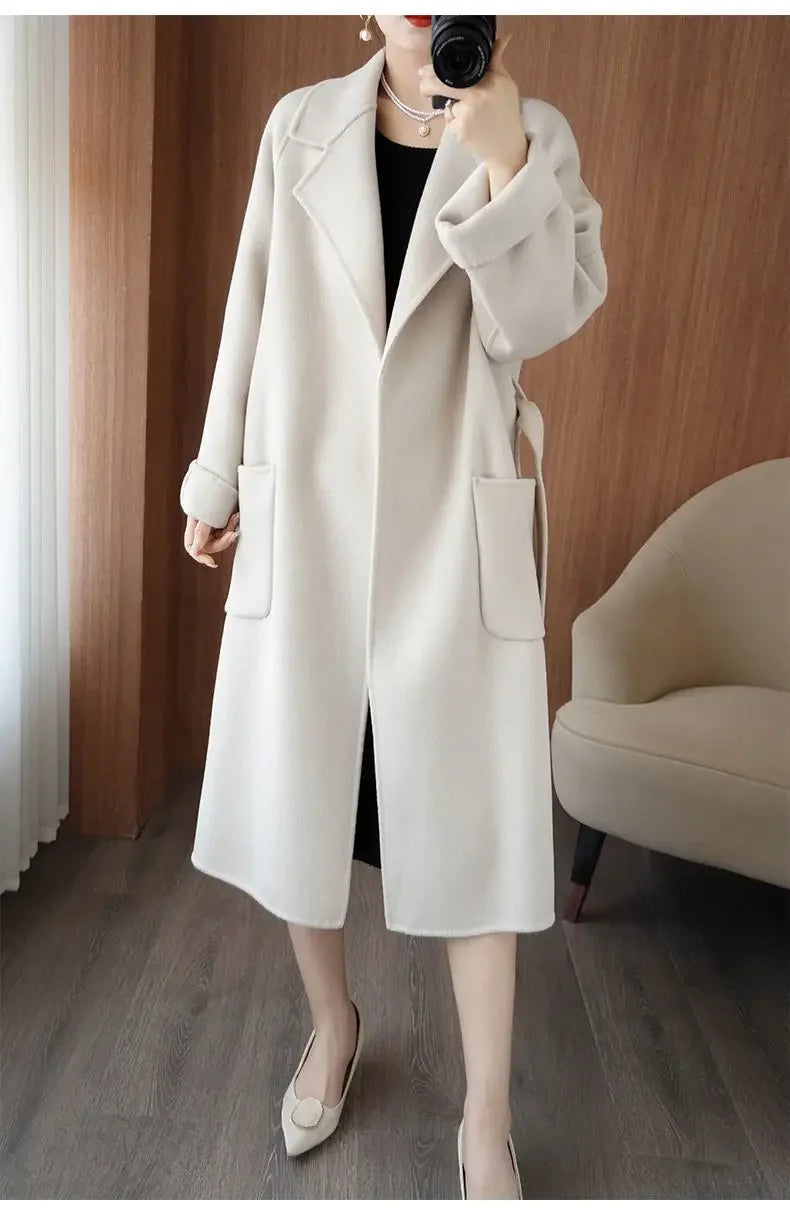 100% Wool Coat Women's Wear 2025 Autumn/Winter Fashion Temperament Double sided Cashmere Coats with Belt Elegant Long Overcoat
