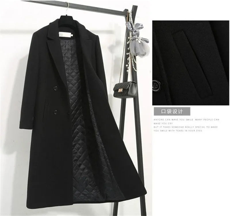 Women's Classic Black Woolen Coat Female Mid-Length Jacket New Korean Version Thicken Woolen Blend Overcoat Autumn Winter