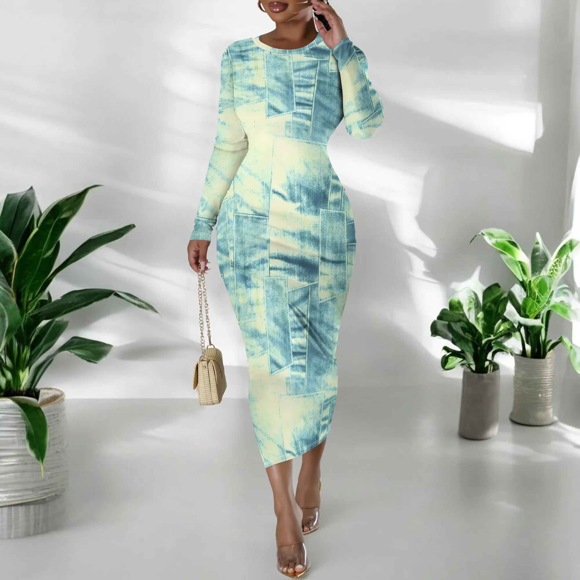 European and American women's fashion temperament casual print slim black dress