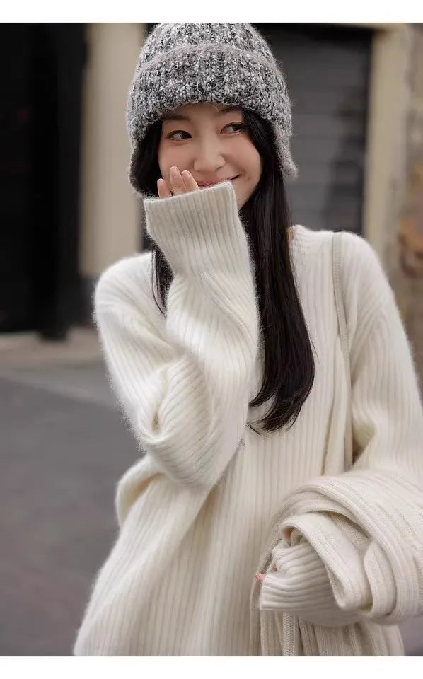 100% Cashmere sweater for women's autumn and winter loose and soft sweater wool knitted sweater round neck base layer