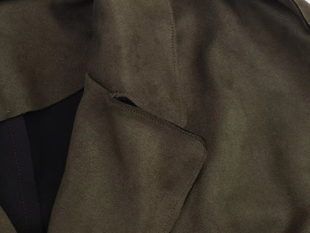 European style new women's fashionable and versatile solid color long trench coat with belt and suede effect.