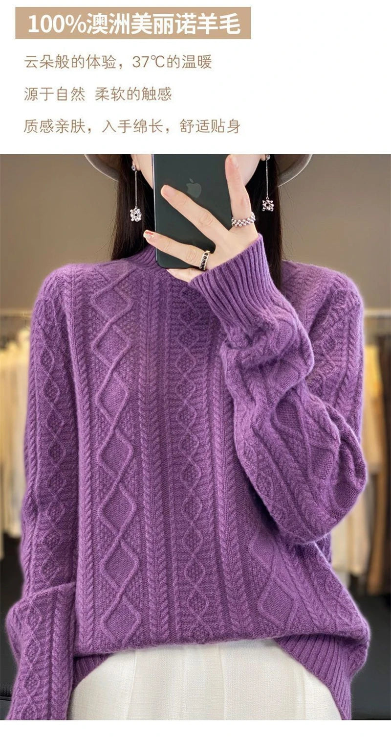 2024 New Women Autumn Winter Sweater Thick 100% Merino Wool Turtleneck Casual Cashmere Knitwaer Pullover Korean Fashion Tops
