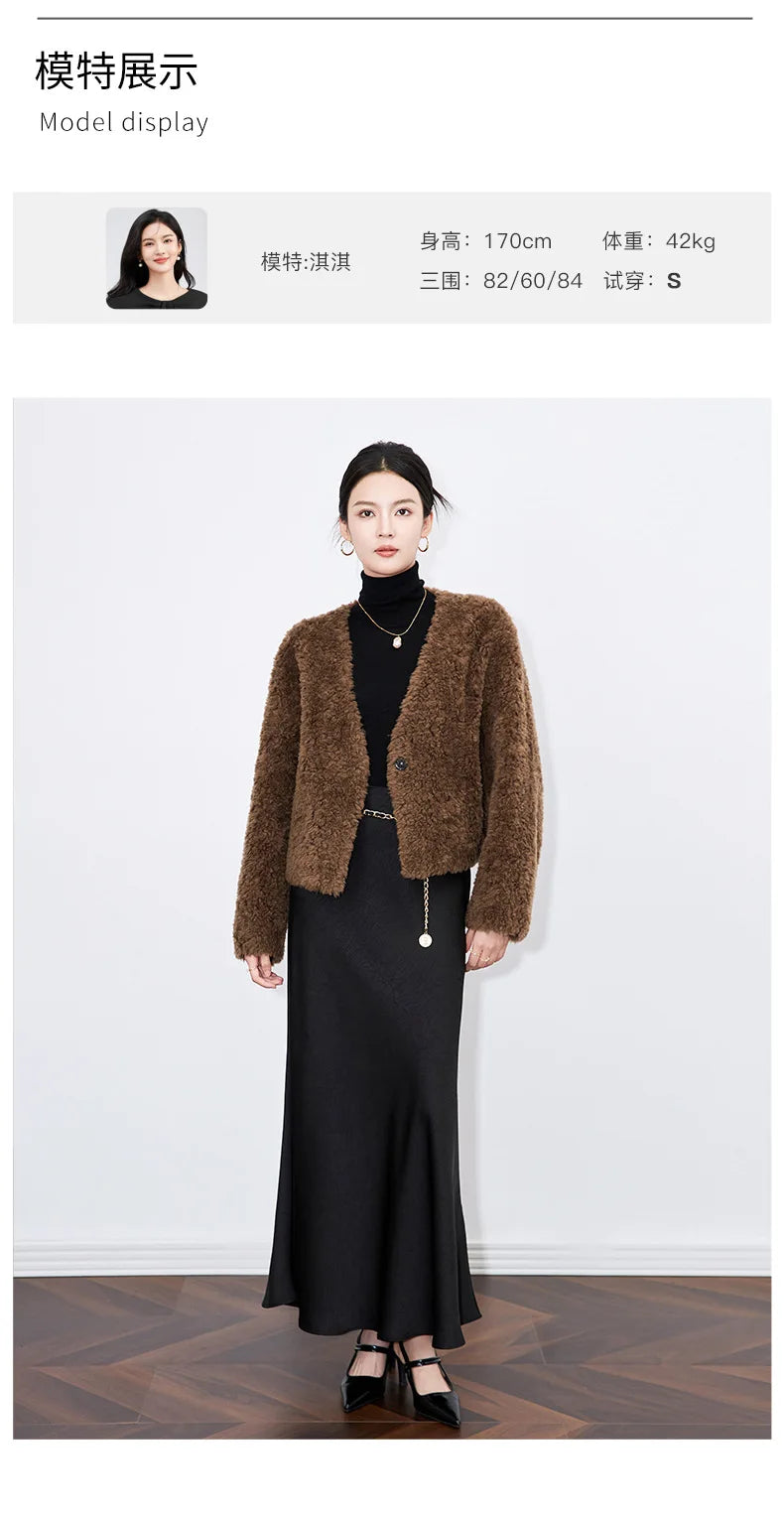 100% Wool Short Jackets for Women 2024 Autumn Winter V Neck Lamb Wool Coat Womens Clothing Fashion Outerwears Casaco Feminino