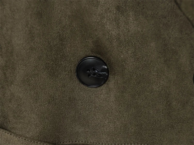 Women's Trench Coat 2025 Autumn New Style Military Green Long Sleeve Suede Effect with Belted Decoration Long Coat Stylish