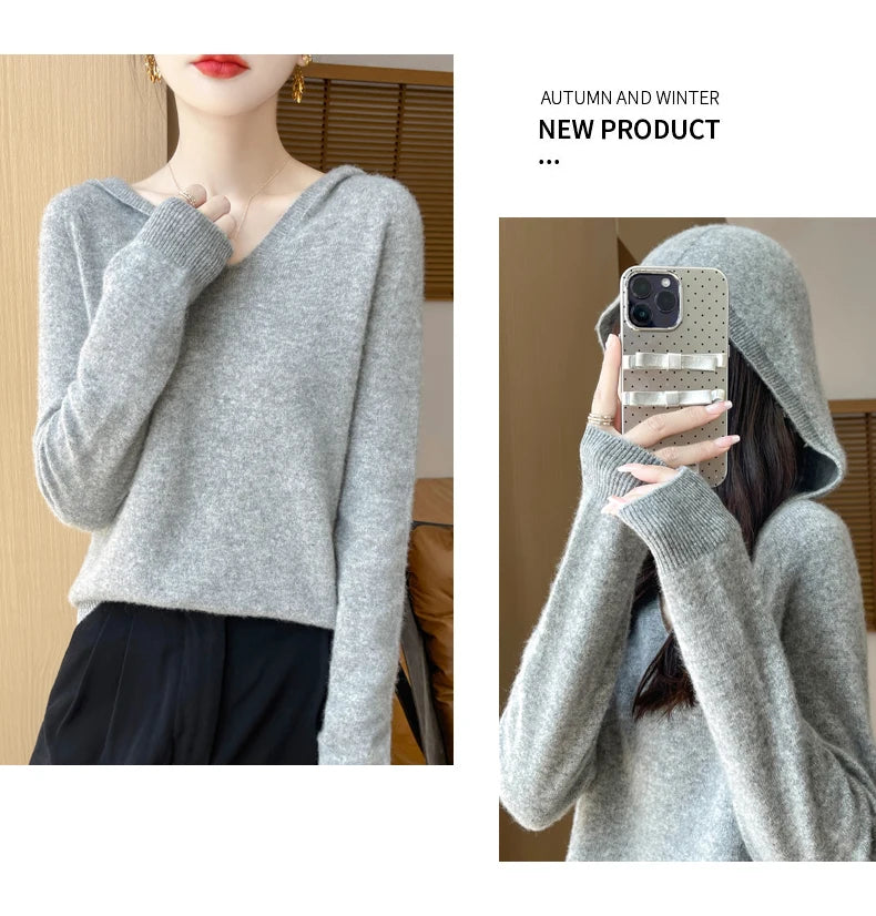 Women Autumn Winter Clothing Hooded Collar Pullover 100% Merino Wool Sweater New Fashion Cashmere Tops Bottoming Knitwear Soft