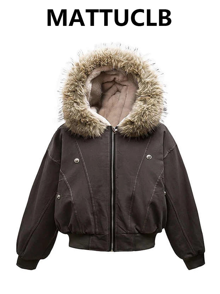 Winter Women's Lambs Wool Hoodie Jacket American Retro Faux Fur Outwear Coat Y2k Korean Fashion 2000s High Street Thick Warm