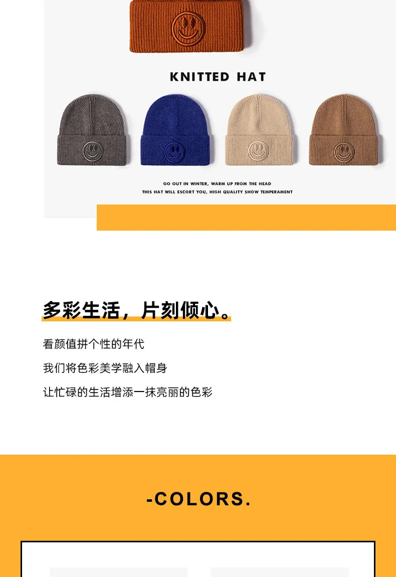 Wool hat female Korean versioncartoonsmiley face embroidered knittedautumn andwintermen'soutdoorwarm thickened brimless cold hat