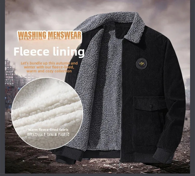 Corduroy lamb wool jacket men's winter loose fleece thickened casual lapel jacket men's clothes men jacket