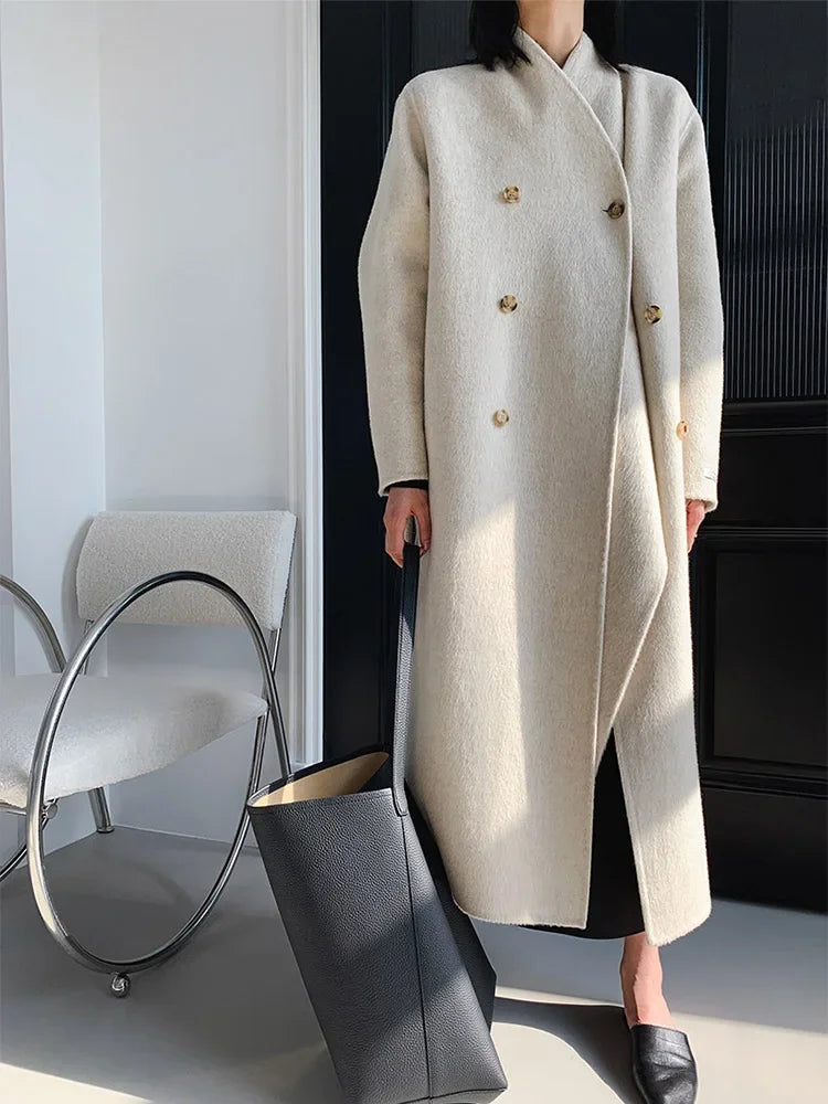 New Hand-sewn Cashmere Wool Coat Women New Mid-length Big Scarf Collar Loose Lace-up Warm Double-sided Wool Coat Fashion Winter