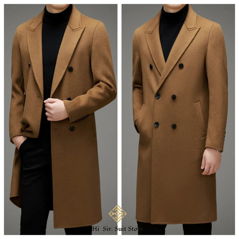 High-end Men's Double-breasted Wool Coat Fashionable Long Wool Knee-length Casual Suit Jacket for Men Peak Lapel Customized Coat