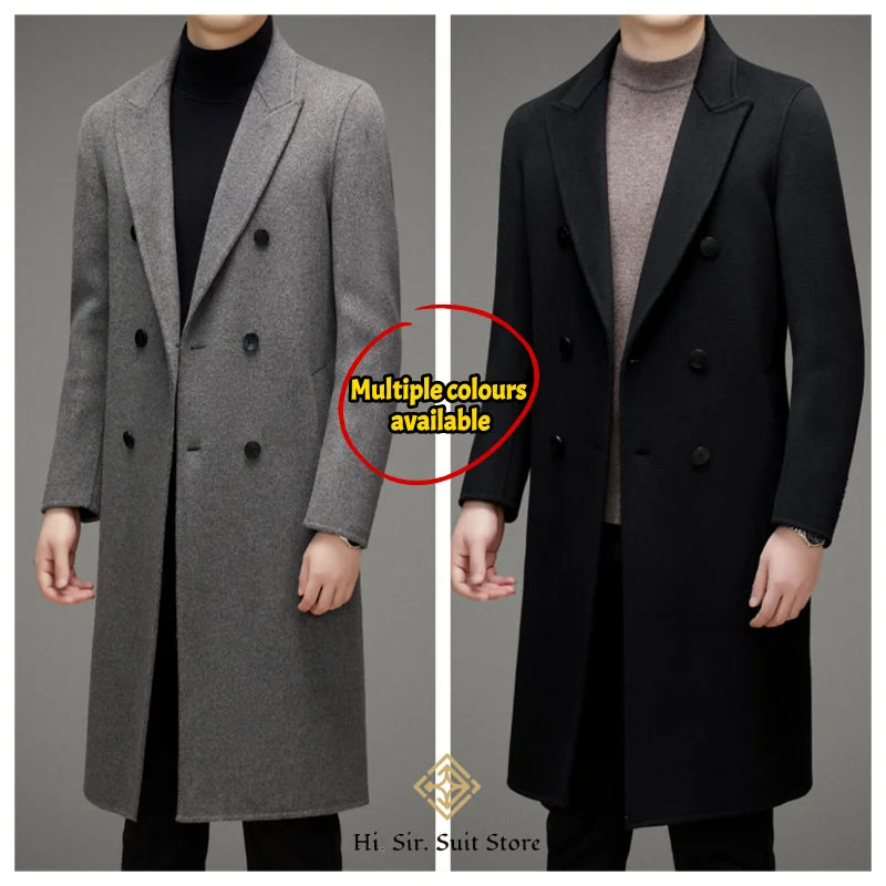 High-end Men's Double-breasted Wool Coat Fashionable Long Wool Knee-length Casual Suit Jacket for Men Peak Lapel Customized Coat