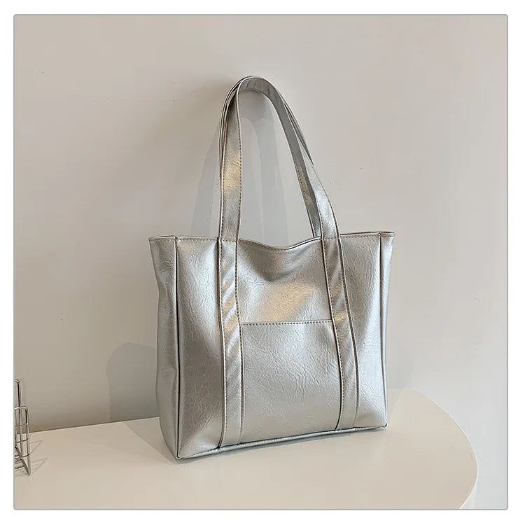 Simple Large Capacity Tote Bags for Women Retro Pu Leather Ladies Shoulder Bag Commuter Portable Girls Student Underarm Handbag