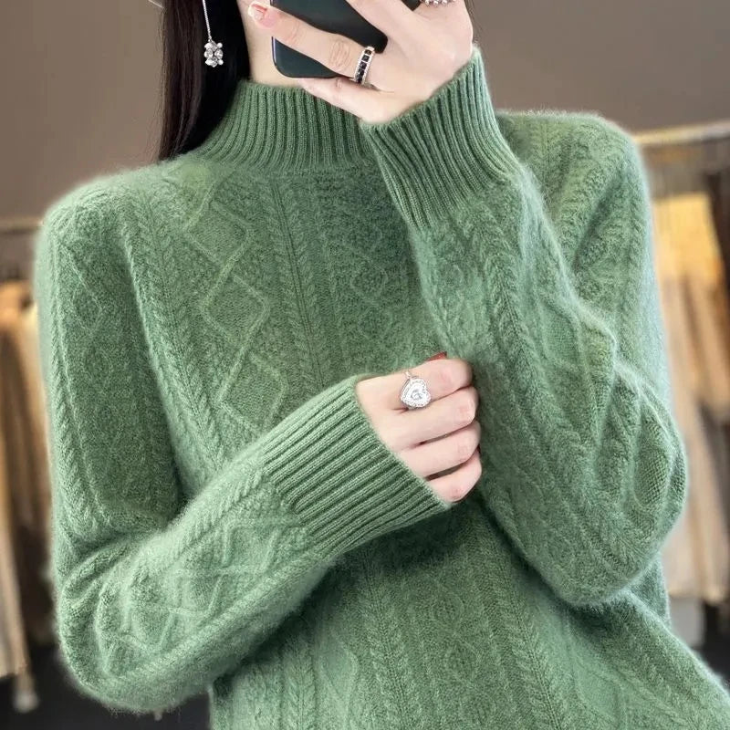 2024 New Women Autumn Winter Sweater Thick 100% Merino Wool Turtleneck Casual Cashmere Knitwaer Pullover Korean Fashion Tops