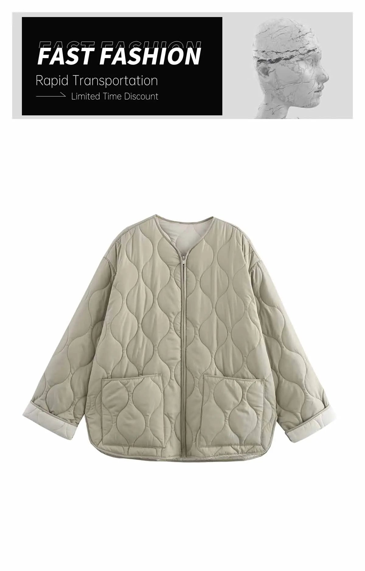 Autumn/Winter New Product Fashion Casual Women's Round Neck Curled Edge Long Sleeve Zipper Cotton Jacket Coat