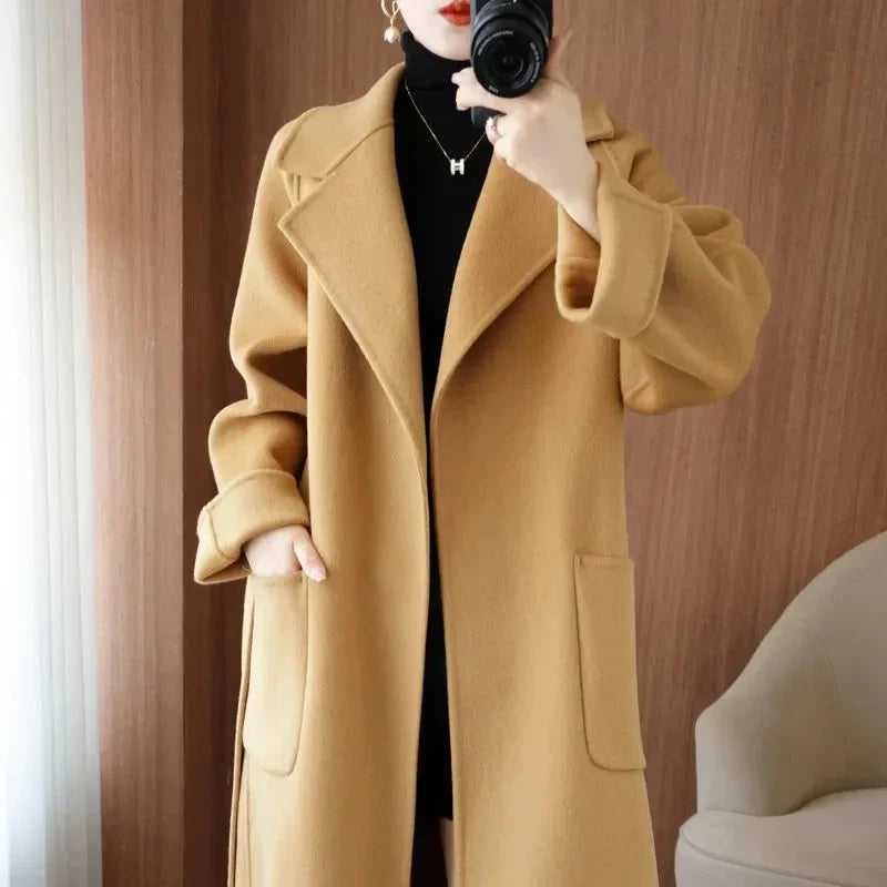100% Wool Coat Women's Wear 2025 Autumn/Winter Fashion Temperament Double sided Cashmere Coats with Belt Elegant Long Overcoat